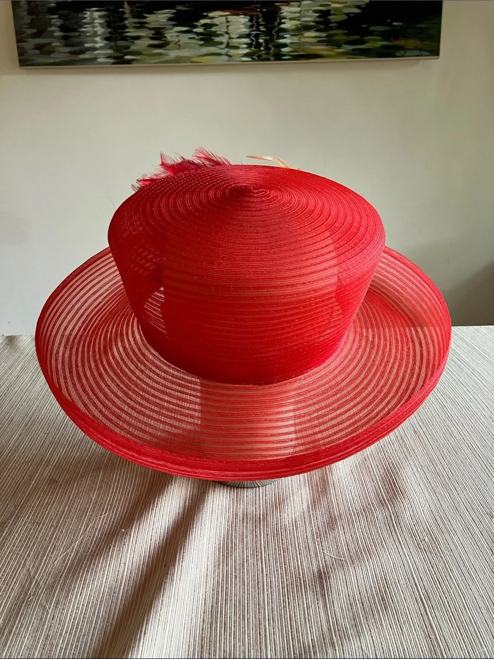 Elegant Women's Wide-Brim Hat with Feather and Flower Accent